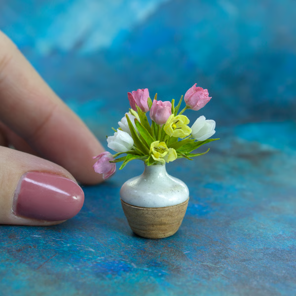 Miniature tulips in a ceramic vase | Dollhouse miniatures | Miniature flowers