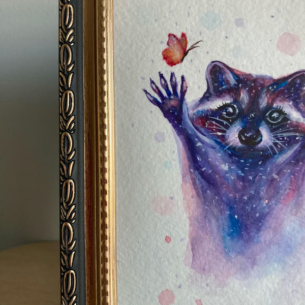Original Framed Raccoon Painting Watercolor, Original Small Art