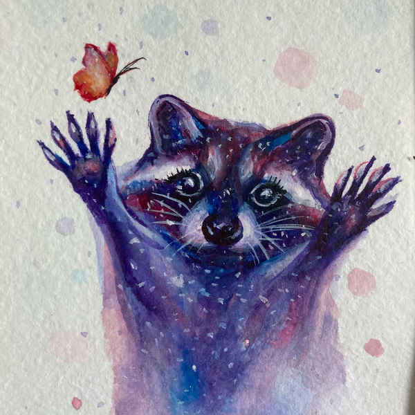 Original Framed Raccoon Painting Watercolor, Original Small Art