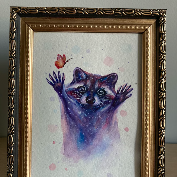 Original Framed Raccoon Painting Watercolor, Original Small Art