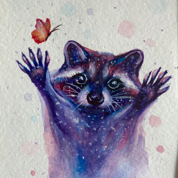Original Framed Raccoon Painting Watercolor, Original Small Art
