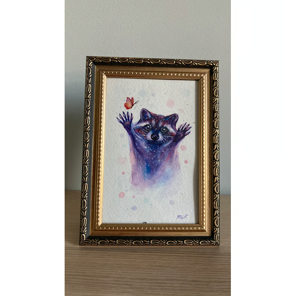 Original Framed Raccoon Painting Watercolor, Original Small Art