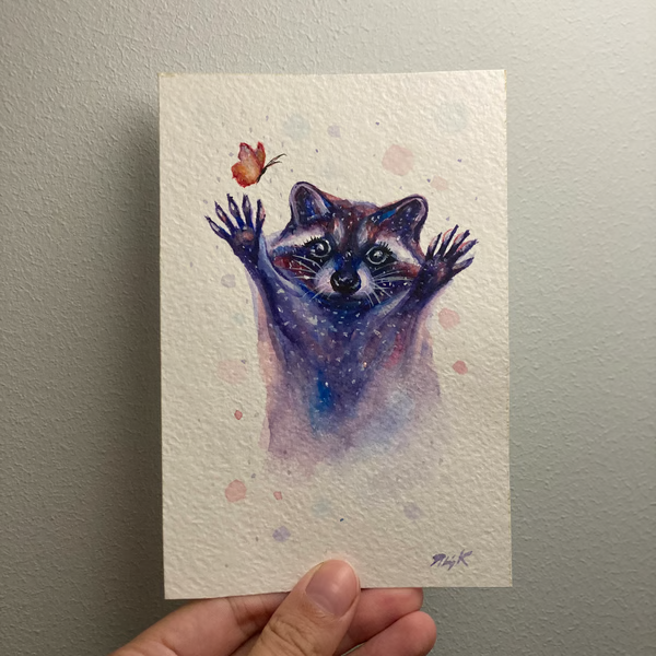 Original Framed Raccoon Painting Watercolor, Original Small Art