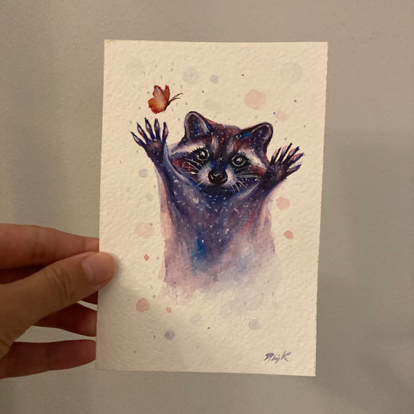 Original Framed Raccoon Painting Watercolor, Original Small Art