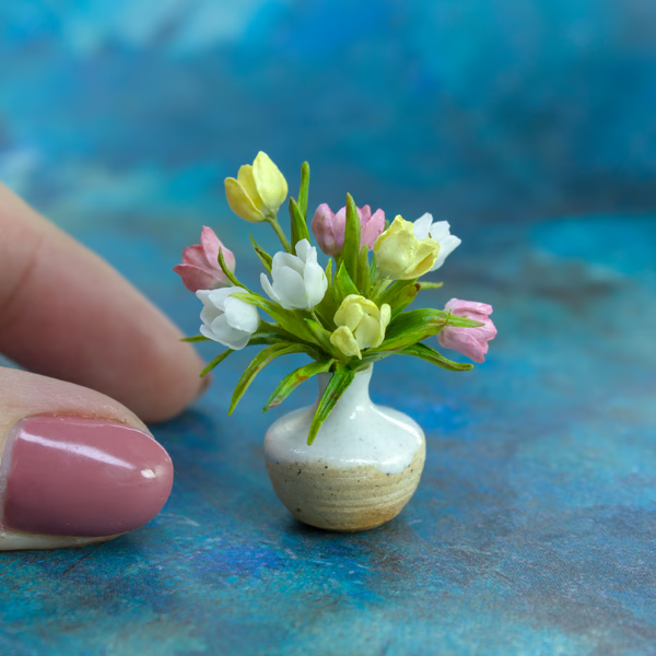 Miniature tulips in a ceramic vase | Dollhouse miniatures | Miniature flowers